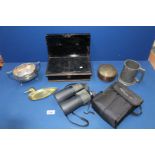 A quantity of miscellanea to include; metal cash tin, Tasco 12 x 50 binoculars, plated sucrier,
