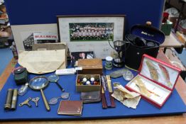 A quantity of miscellanea including fans, box of marbles, binoculars (case a/f.
