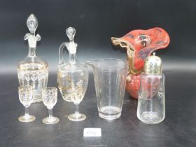 A small quantity of glass including Mary Gregory style decanter and glasses, sugar shaker,