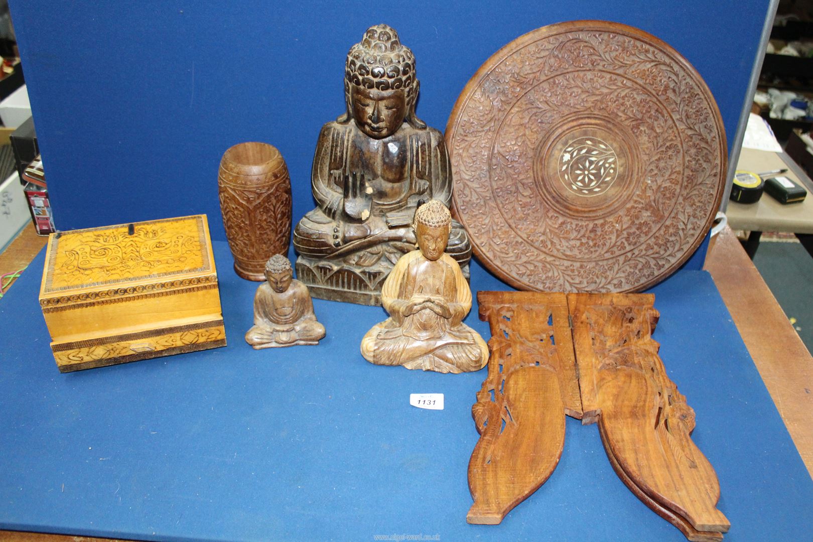 A quantity of Treen including; small table with folding legs, Buddha figures (some a/f), - Image 2 of 2