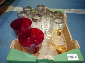 A quantity of metal rimmed champagne and wine glasses, preserve pot,