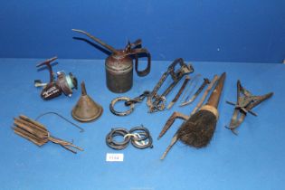 Miscellaneous metallic items including; vintage traps, oil can, crimping iron, wrought iron items,
