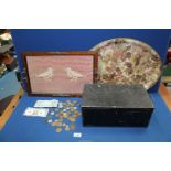 A black metal deed box, small quantity of pre-decimal and decimal coinage,