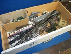 A quantity of Hornby OO gauge track, Great Western engine, platform, carriages, shop bell (a/f),