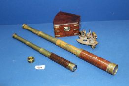 Two wood & brass four-draw Telescopes, one by Simms, London and a cased small Brass Sextant a/f.