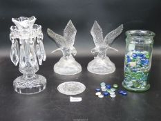Lustre and two Crystal Eagles plus a jar of glass pebbles.