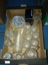 A quantity of pressed and cut glass including Royal Doulton cut glass jug, cut glass candlestick,