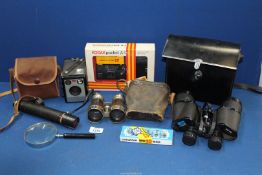A Kodak camera outfit, Pocket A1 camera and Ednar 10 x 50 binoculars plus field binoculars, etc.