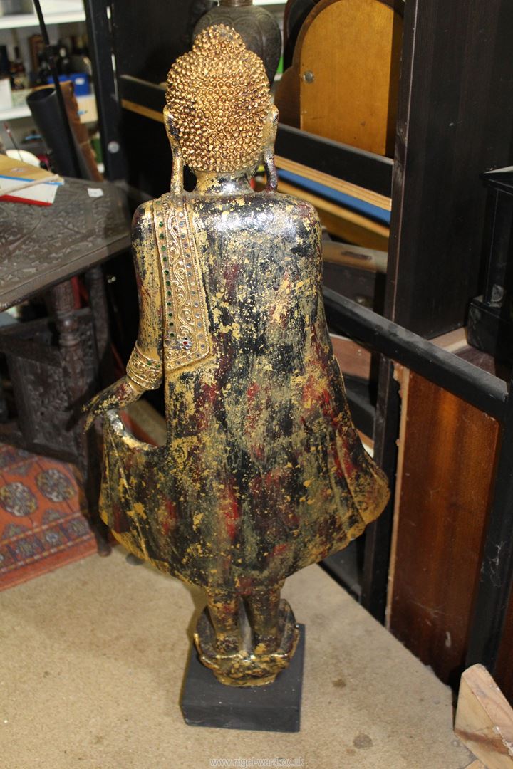 A 19th century(?) Burmese lacquered and gilt wooden figure of standing Buddha, 33 1/2" tall. - Image 2 of 2