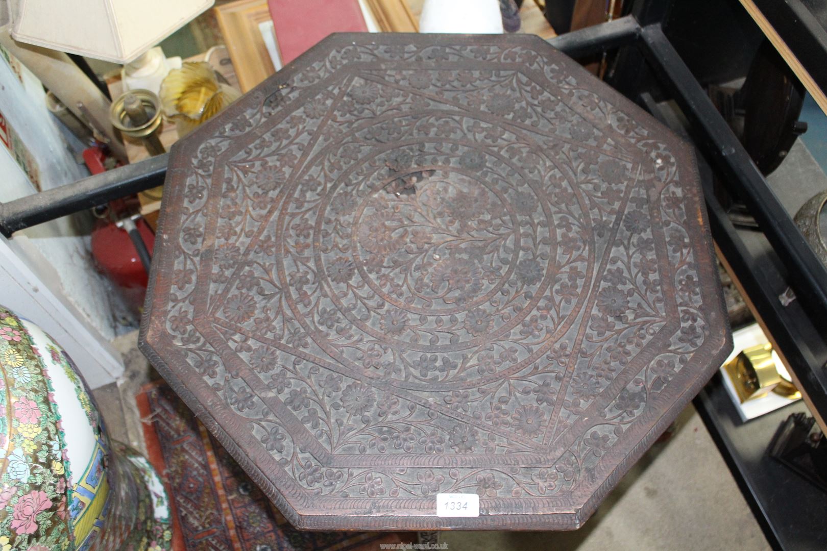 A large Anglo Indian wood Benares table with octagonal top. - Image 2 of 11