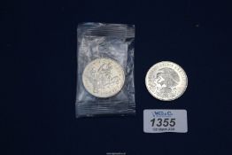 A 25 silver 'Peso' coin to commemorate the 1968 Mexico Olympics and a £5 coins to celebrate the