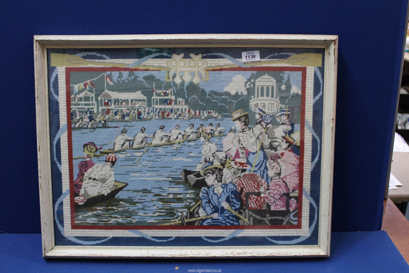 A 1940's Tapestry of a rowing regatta, possibly Henley, 26'' x 20''.