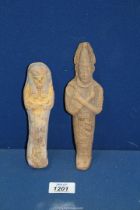 An Egyptian pottery ushabti probably New Kingdom with extensive remains of polychrome decoration