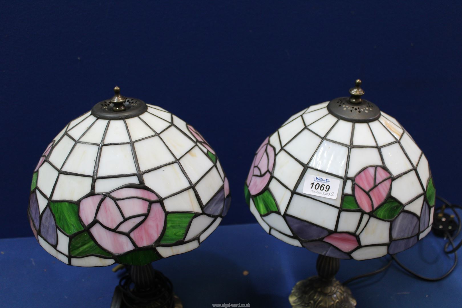 A pair of Tiffany style table lamps with stylised floral detail to the shades, each 15" tall, - Image 2 of 3