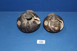 Two Khmer pottery owl lime or honey pots, 13th century, broken and glued with losses.