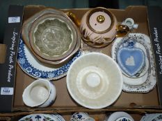 A quantity of china including three jelly moulds, Wedgwood Jasperware ring dish, Sadler teapot, etc.