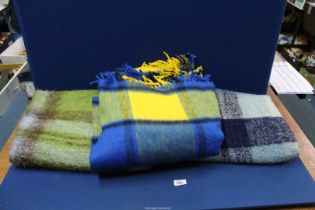 Three checked picnic blankets including blue/yellow, blue and green.