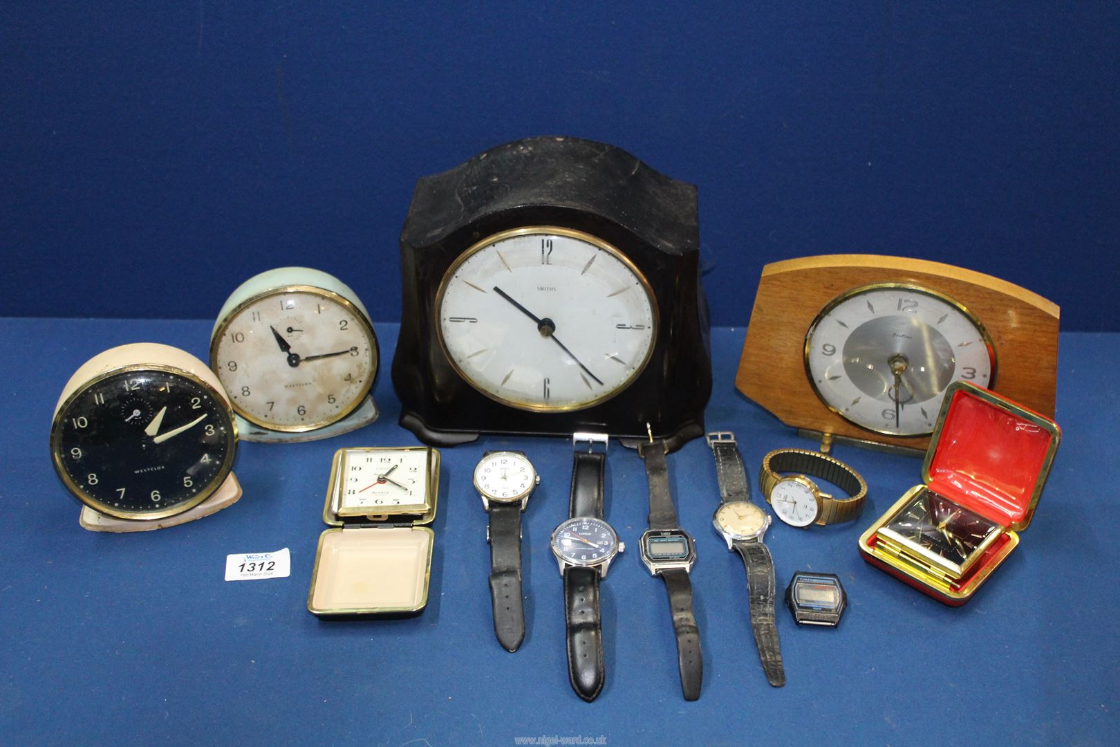 A Smiths Bakelite Mantle clock and two Westclox clocks, plus watches, etc.