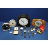 A Smiths Bakelite Mantle clock and two Westclox clocks, plus watches, etc.