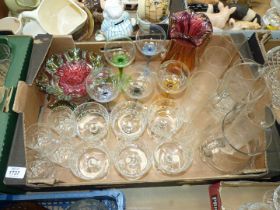 A box of glass to include; water jugs, six tall etched glasses, cranberry,