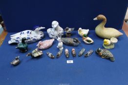 A quantity of Duck ornaments including wood, metal, Cloisonne, etc.