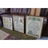 Three framed prints of Maps including Herefordshire, Lancashire and Sussex.