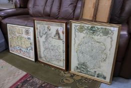 Three framed prints of Maps including Herefordshire, Lancashire and Sussex.