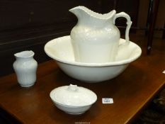 A white Bedroomware bowl and jug, soap dish and beaker.