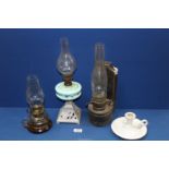 A small quantity of Oil lamps, one with painted milk glass reservoir,