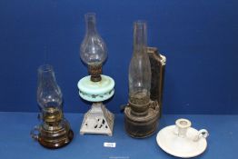 A small quantity of Oil lamps, one with painted milk glass reservoir,