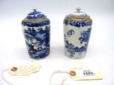 Two 18th century Worcester tea canisters in 'Two Men' and 'Bat' pattern.