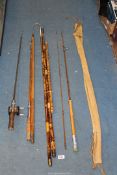 Vintage Fishing rods including Bristol steel rod and multiplier reel and a bamboo gaff, some a/f.