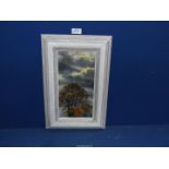 A framed Oil on board, signed verso Meg Stevens, depicting Trees on a stormy evening,