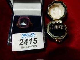 Three rings, one 9ct gold with purple stone inscribed 'Ann',