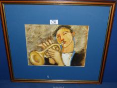 A framed Print of a Young man playing the trumpet.