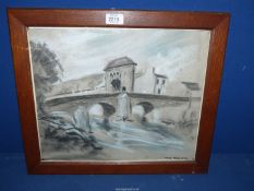 A wooden framed charcoal painting of Monnow Bridge, Monmouth.