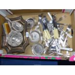 A quantity of plate including cutlery, coasters, brush, comb (a/f.) and mirror set, etc.