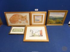 Five framed pictures by Norah Gibson in oils, watercolours and textiles.