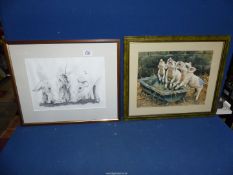 A framed and mounted Jan Nathan print depicting three little piglets patiently for their food along