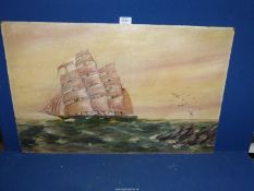 A large unframed oil on board of a maritime scene with sailing ship on high seas,