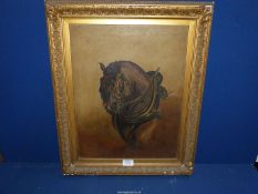 A framed Oil on canvas depicting a Heavy horse in harness, unsigned, 18 3/4" x 22 3/4".