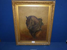 A framed Oil on canvas depicting a Heavy horse in harness, unsigned, 18 3/4" x 22 3/4".