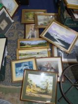 A quantity of pictures to include Watercolour of Church and figures,