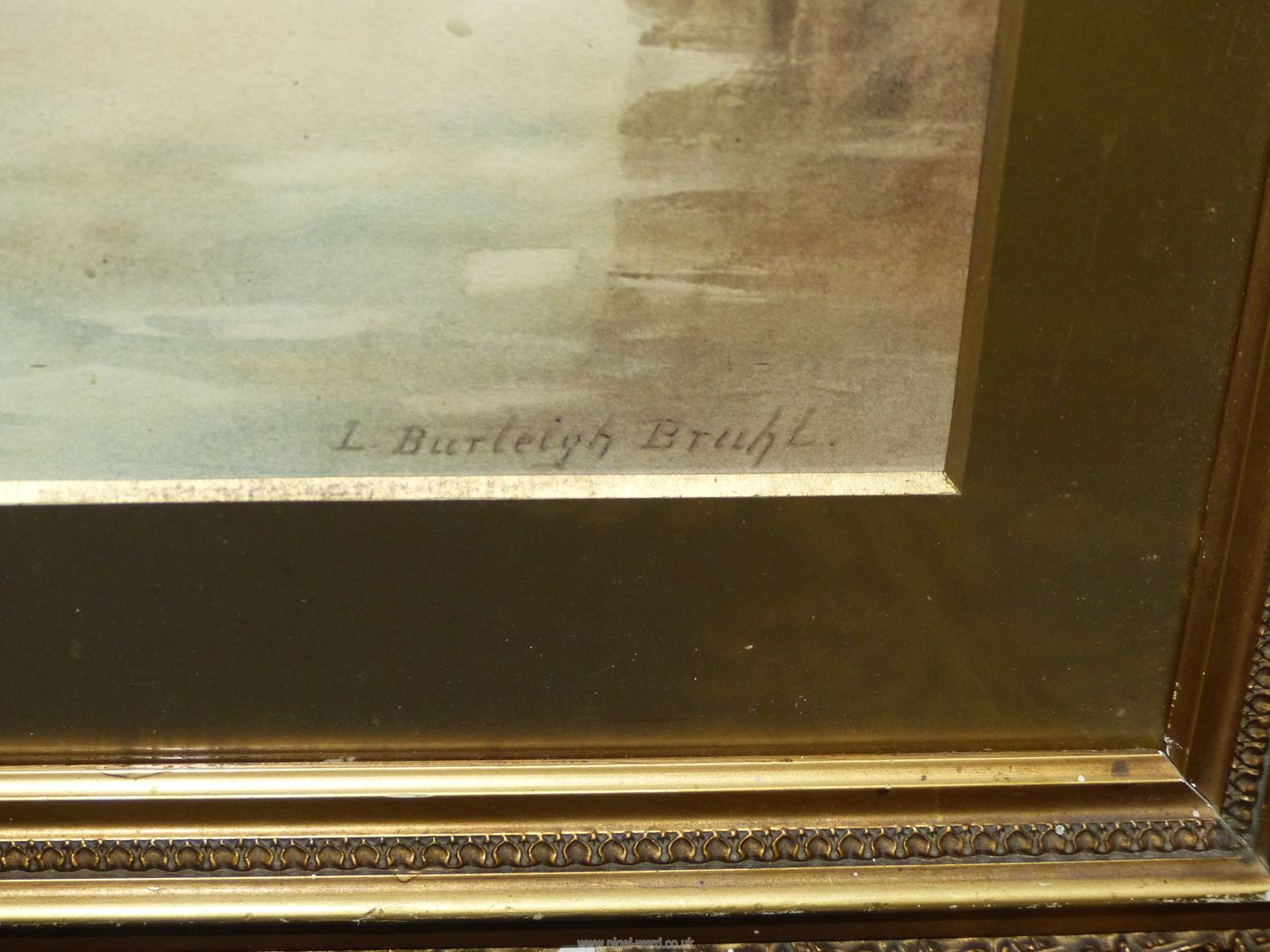A framed and mounted Print of a Dutch inland waterway, signed lower right 'Louis Burleigh Bruhl', - Image 2 of 2