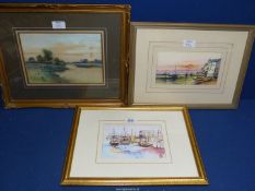 A Print of boats with Oriental stamp, a framed and mounted Watercolour of a harbour scene signed P.