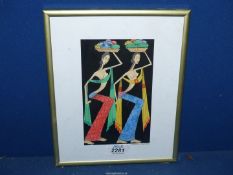 A small Watercolour depicting two Balinese Ladies carrying fruit, signed Nyoman.