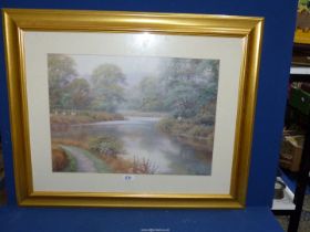 A large gilt framed Print by Spencer Coleman depicting fishermen by a river.
