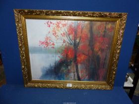 A red foliage and lake Print by Richard A Revman?*** in gilt frame.