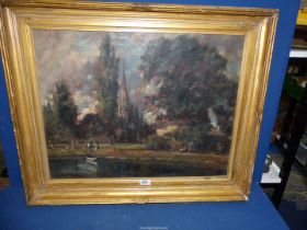 A large gilt framed Oil on canvas depicting a park scene with figures walking along the river side