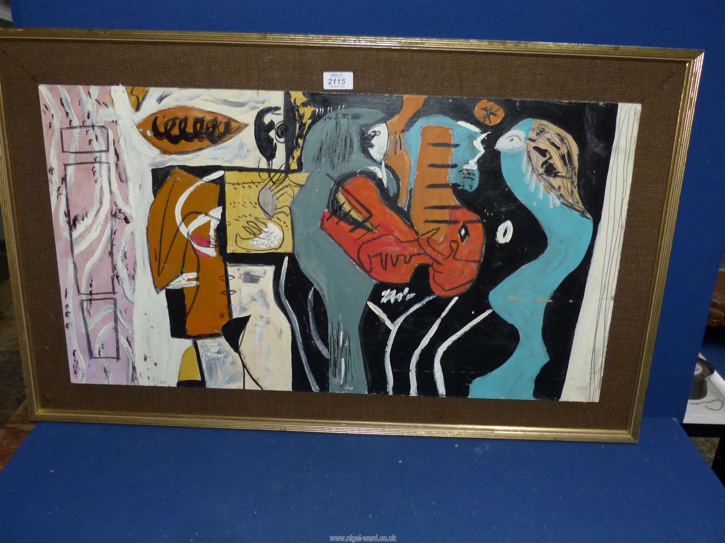 A large mid-century Abstract still life - framed Oil on board with hessian backing, 31'' x 17'' ,